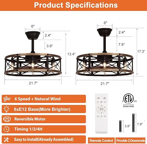 Miniatura 8 de Ventilador de techo enjaulado de granja de 19 pulgadas con luz, 6 velocidades, 6 luces, ventiladores de techo sin aspas con luces, ventiladores de