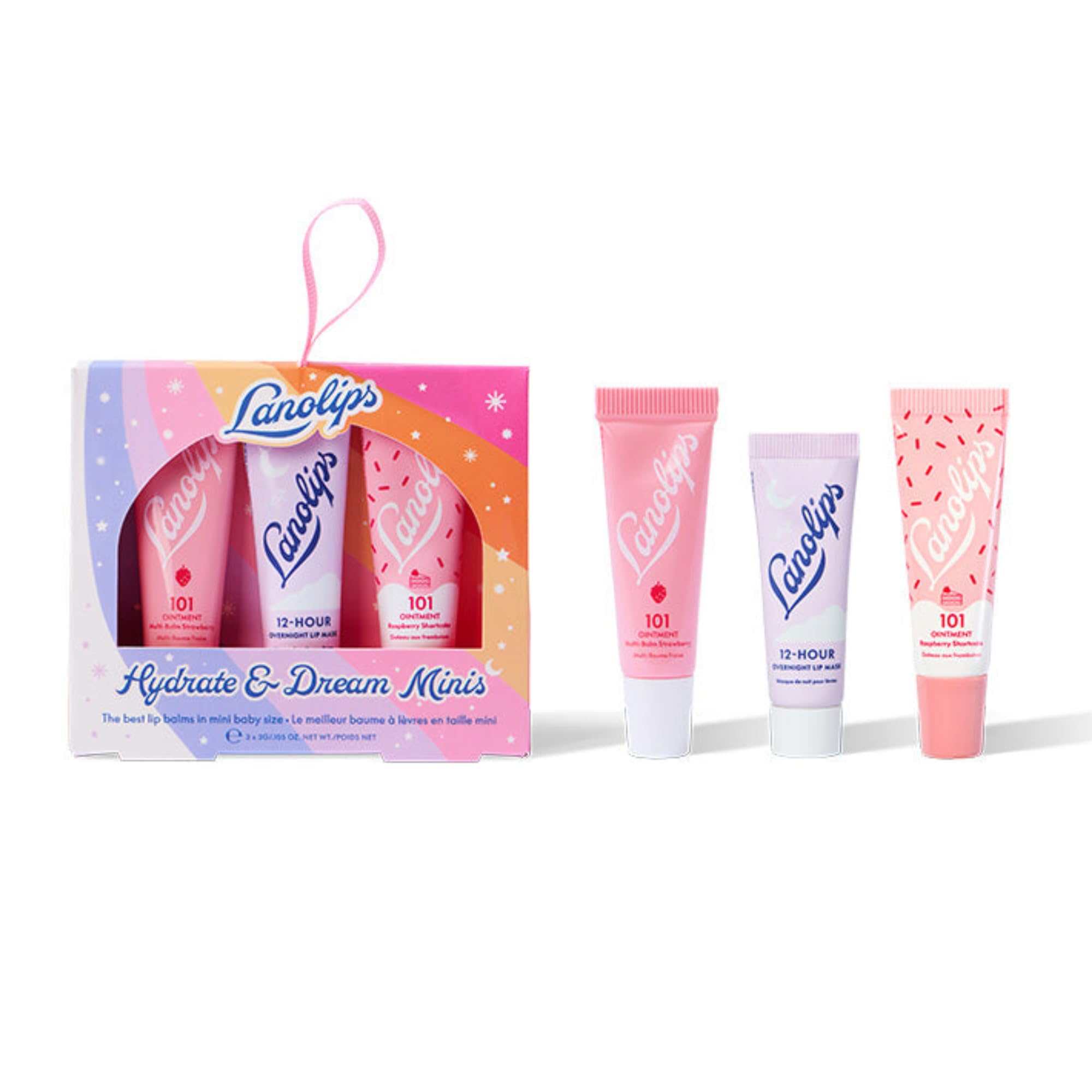 Lanolips Hydrate & Dream Minis Gift Set - Includes 101 Ointment Lanolin Lip Balm in Strawberry & Raspberry Shortcake + 12 Hour Overnight Lip Mask -