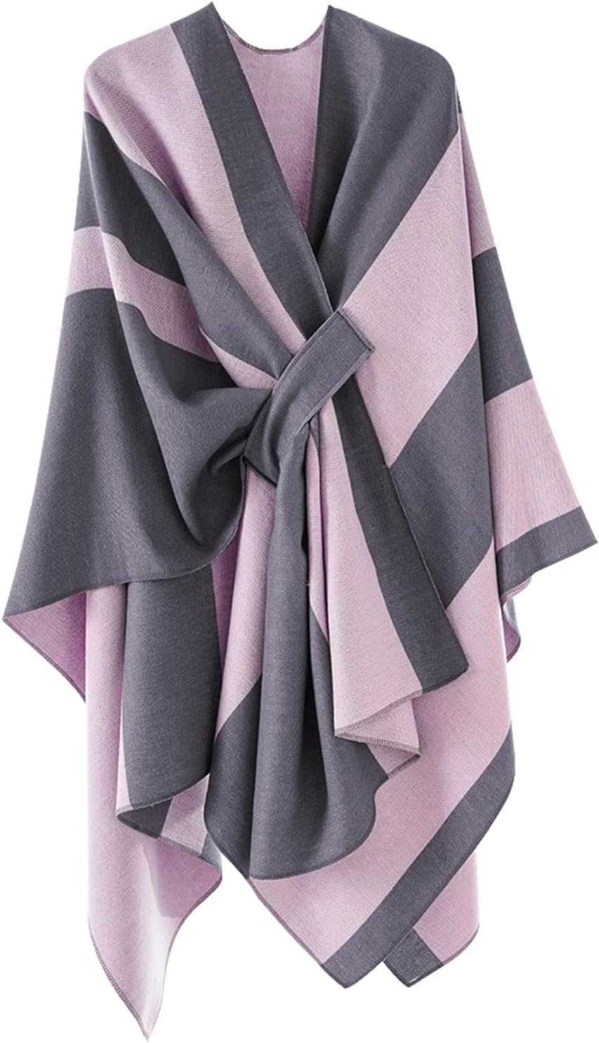 Zetieny Poncho voor dames, winter, warm, elegant, gebreid cape, cardigan, ponchos voor vrouwen, open voorkant, zwart, One size