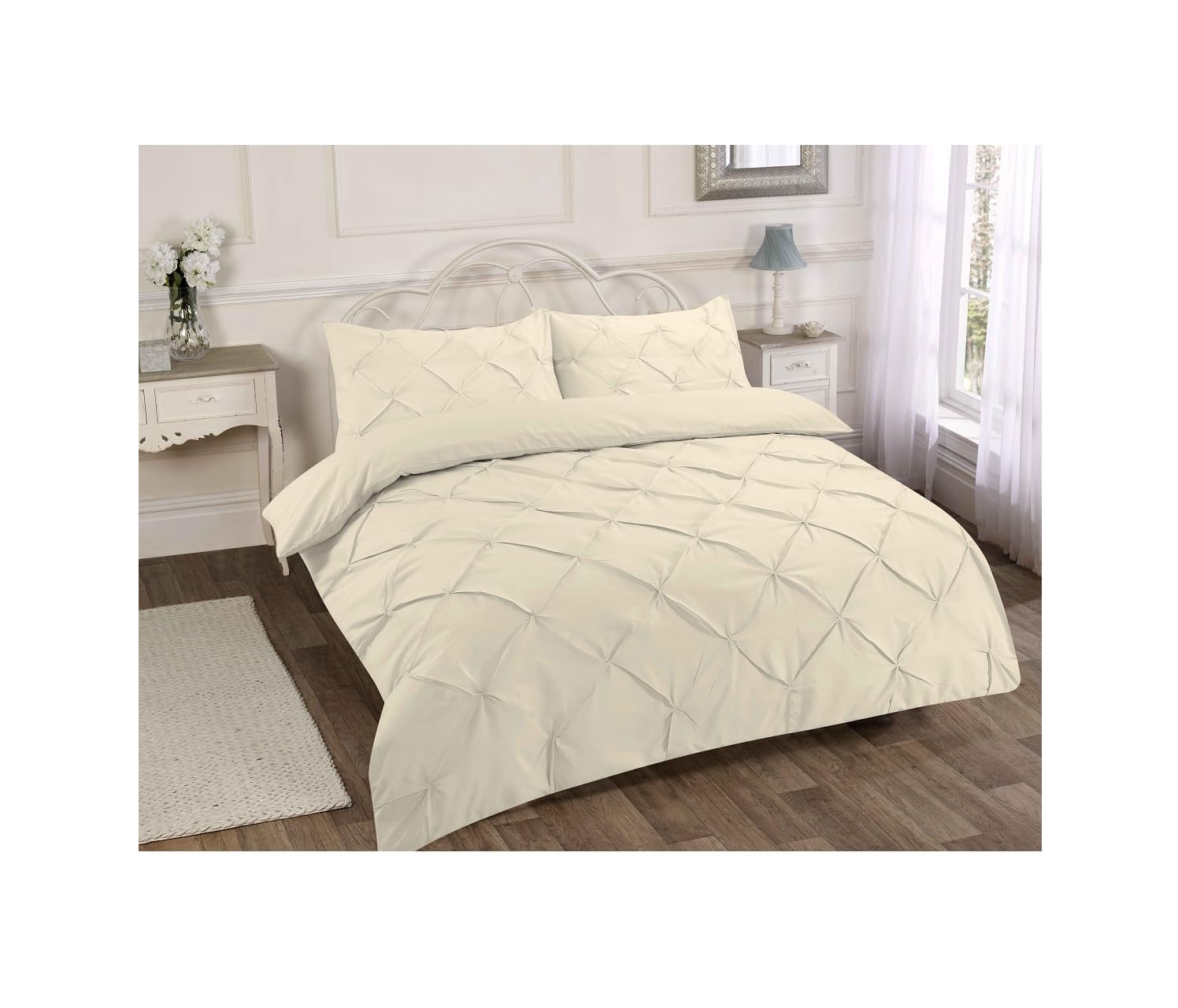 Premium Cream Pintuck Pleat Bedding Cover Set Hotel Quality Bed Set with Pillowcase Cream Pleat Pintuck Creased Duvet Set (King)
