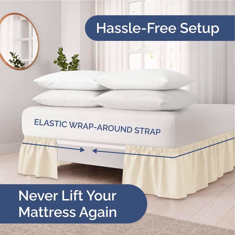 Wrap Around Dust Ruffle Bed Skirt - Off White - for Queen Size Beds w/ 15 Inch Drop - Easy Fit Elastic Strap - Adjustable Pleated Bedskirt w/Brushed Fabric - Wrinkle Free - Women, Men, Kids & Teens