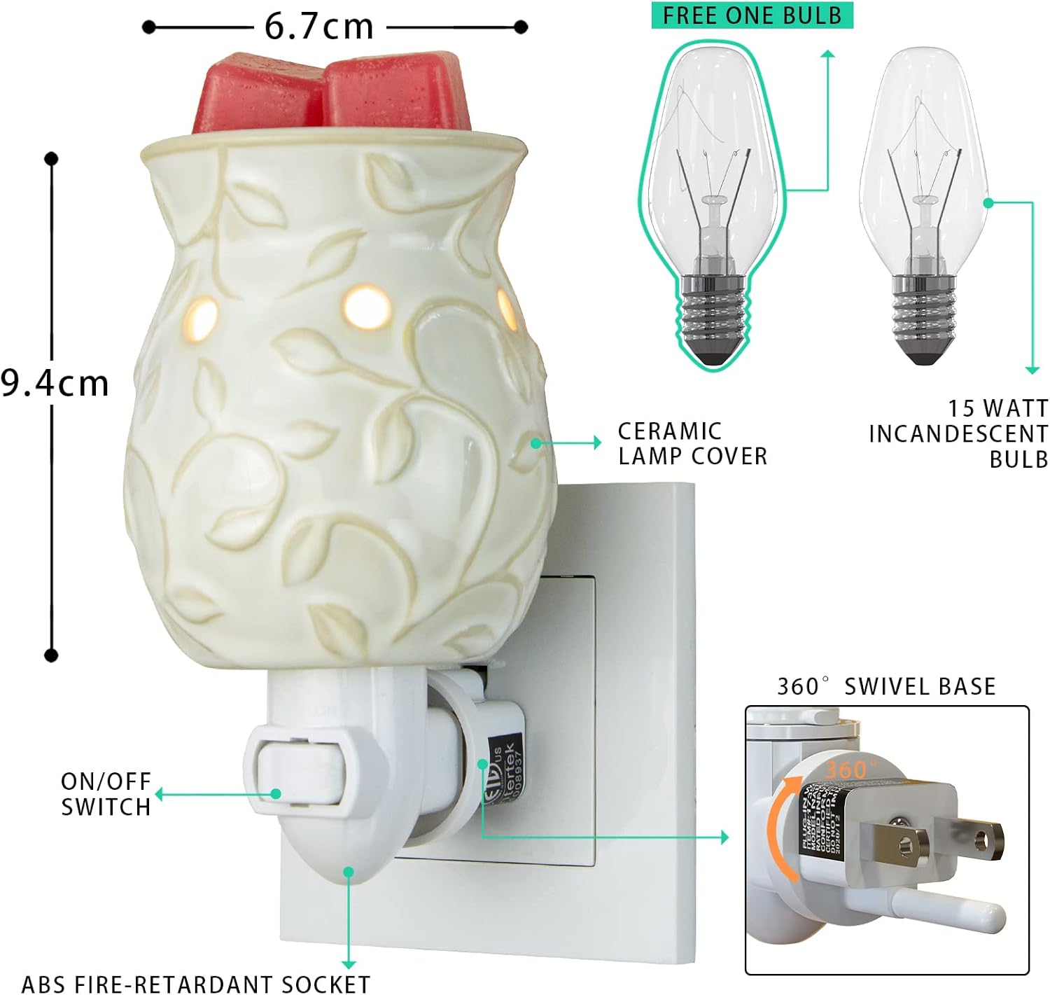STAR MOON Candle Warmer Wax Melt Warmer Wax Warmer for Scented Wax Night Light Plug in with One More Bulb Home Fragrance Home Decor Wall Decor Bas-Relief Craft (Ivy)