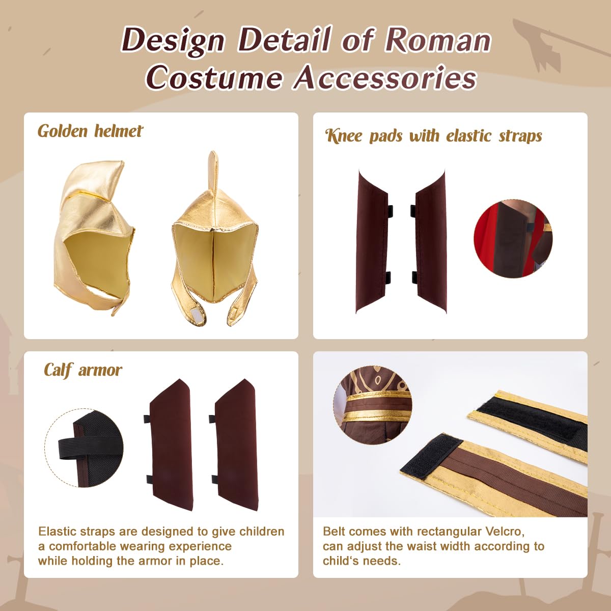 WIKITOT Roman Costume Kids, Roman Soldier Costume with Golden Helmet, Greek Costumes for Boys Age 5-13 - Image 3