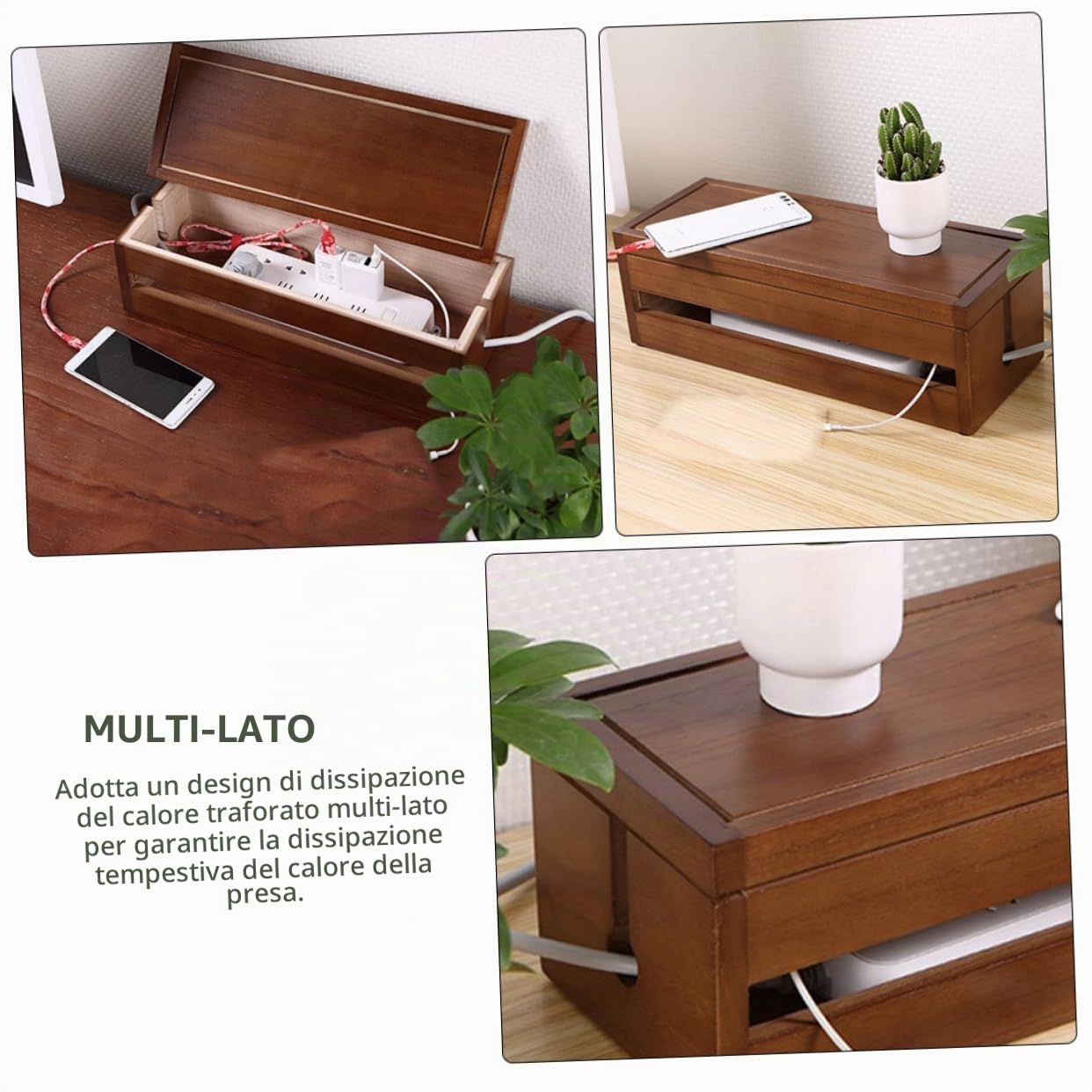 Scatola per Cavi Organizer Legno Marrone Caffè 1 Pezzo | Paulownia , Design Struttura Traforata Multifunzionale per Dissipazione del Calore , Ordine per Cavi e Adattatori