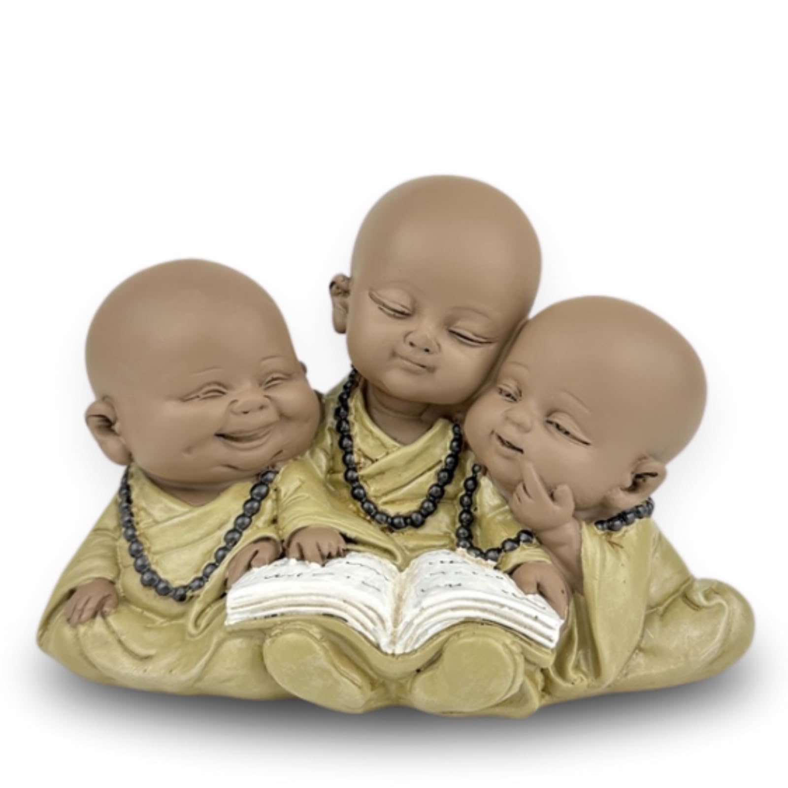 Statue 3 Buddhas Bonze Reading - Inspirational and Cheerful Figure - Lucky Charm Positivity Concentration - H 9 cm - Zen'Light, Brown & Beige