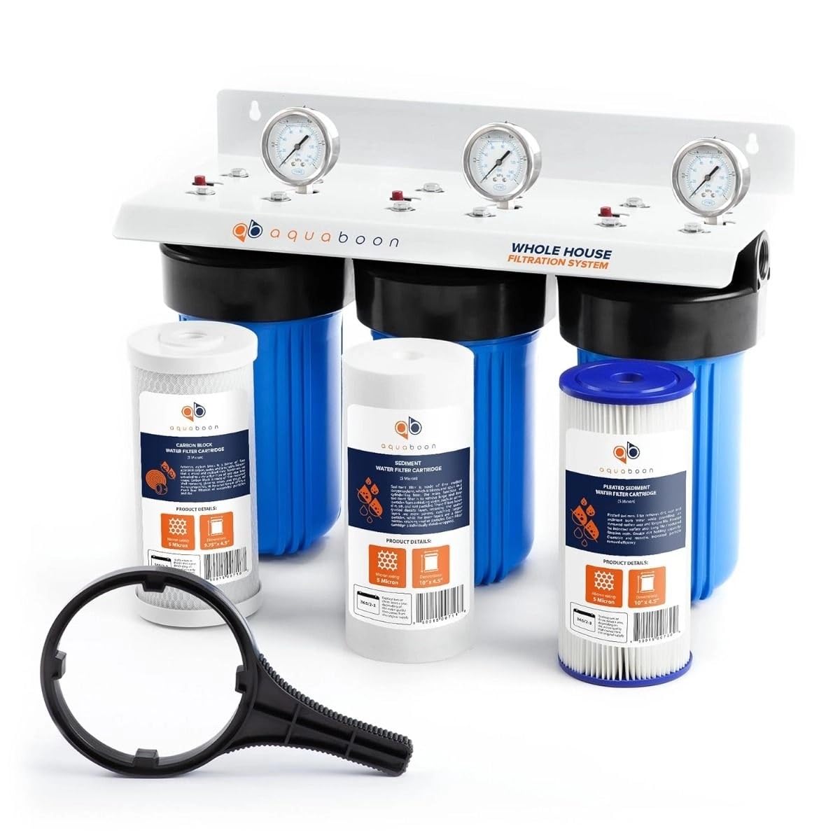 The Aquaboon 3-Stage Whole House Water Filter System, showing the three blue filter housings mounted on a white bracket, with a filter wrench in the foreground.
