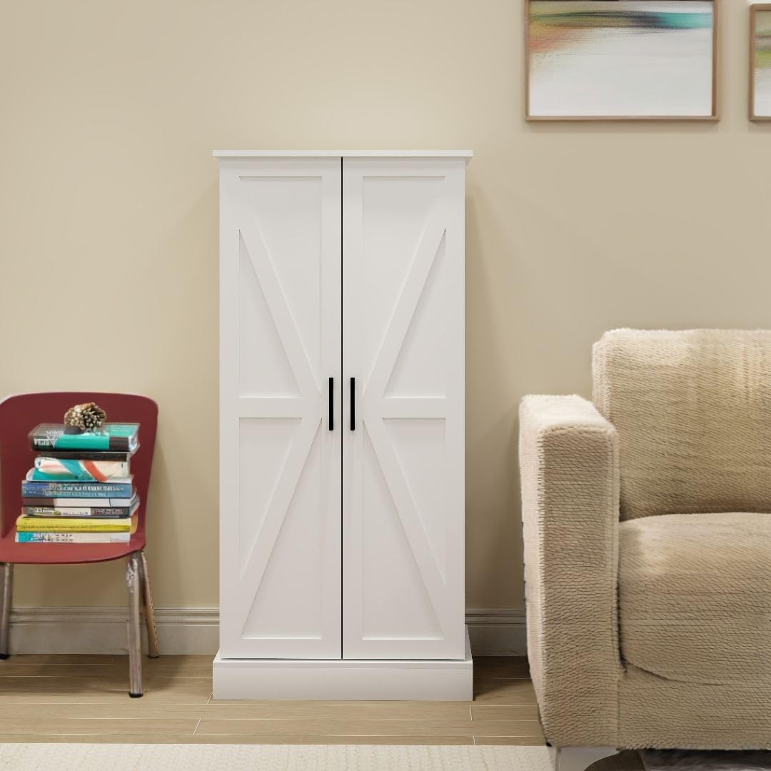 NicBex 50" Kitchen Pantry Storage Cabinet with LED Light,2 Doors with Racks and Shelves,Tall Farmhouse Kitchen Pantry Cabinet & Wardrobe,Freestanding Cupboard for Dining Room,Bathroom,Kitchen,White