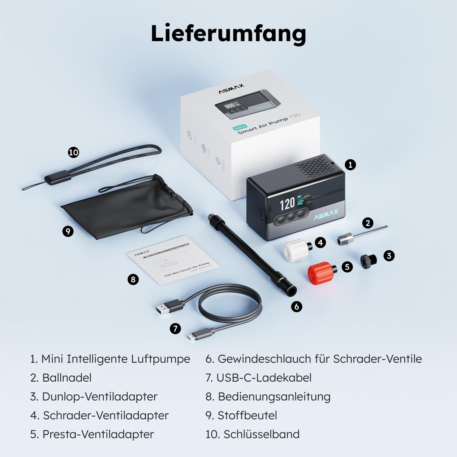 ASMAX Elektrische Mini Fahrradpumpe T30, 120 PSI Tragbarer Luftpumpe mit LCD-Display, Wiederaufladbar 500mAh, 4-in-1 Fahrradpumpe mit LED-Licht & Reifendruckmesser für Farrad/Rennrad/MTB/Bälle
