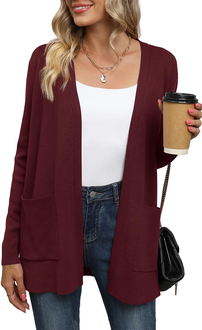 Yommay Strickjacke für Damen Elegante locker lässig leichtes Frauen Herbst Langarm Pullover mit Taschen,Weinrot,XL