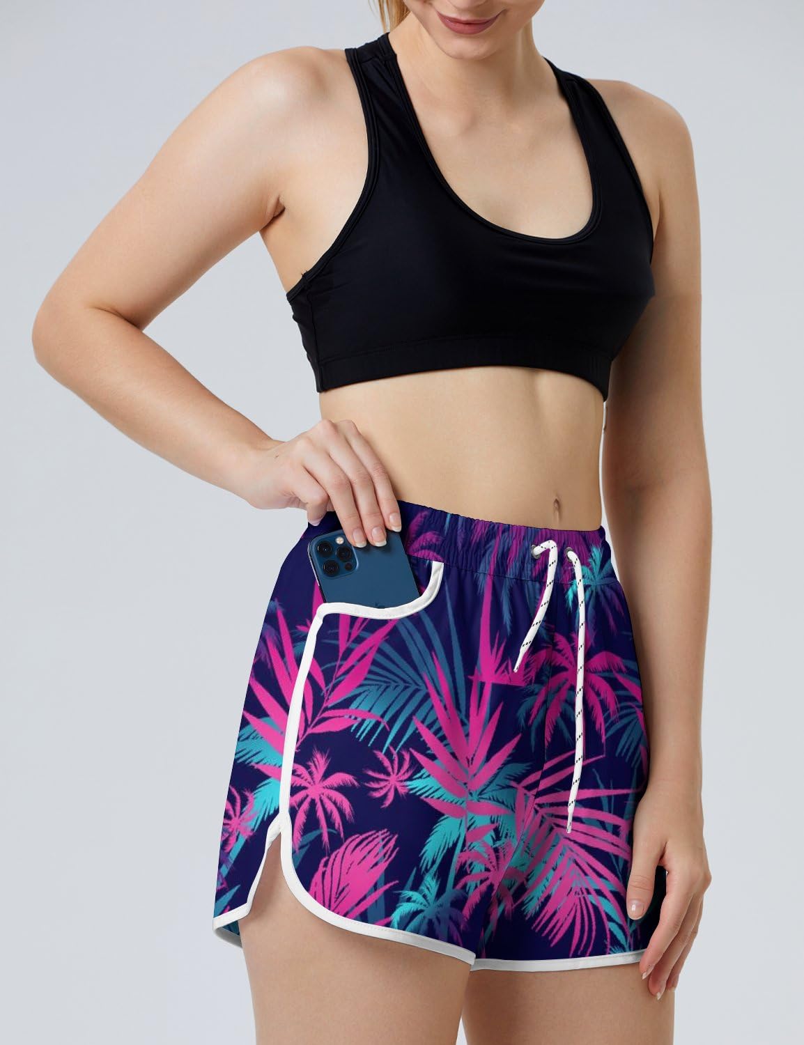 AYUNIX Women's Running Shorts with Pockets Quick Dry Performance Shorts for Women Hawaii Beach Trees Athletic Workout Shorts White