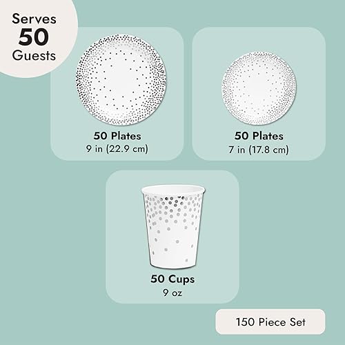 Miniatura 4 de Juvale Juego de vajilla desechable de lunares de 150 piezas, color blanco y plateado, incluye 50 platos de cena de 9 pulgadas y 50 platos de