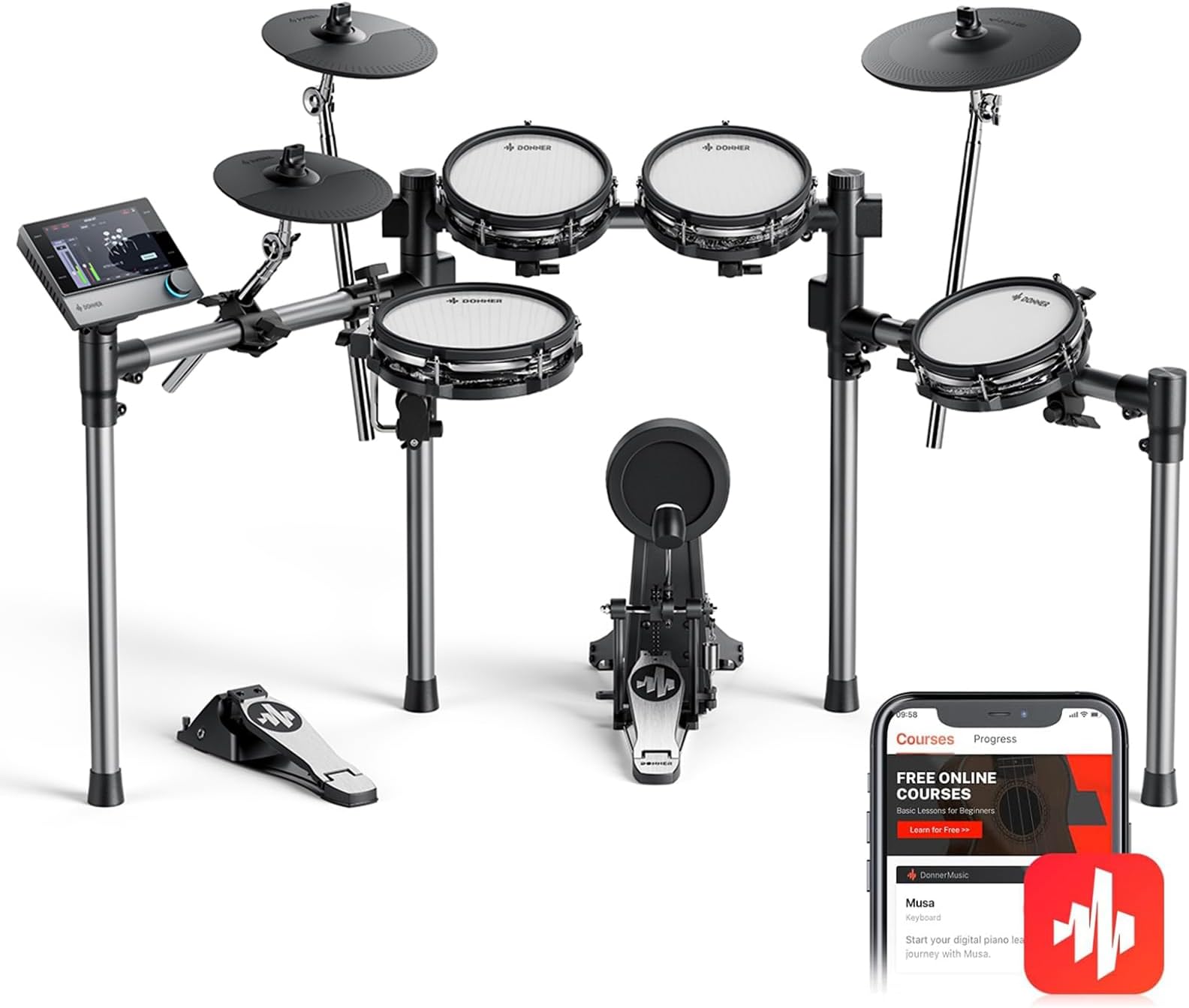 Beat Electronic Drum Set, Electric Drum Kit with Quiet Mesh Drum Pads, 12" Cymbals w/Choke, 100 Kits and 1100+ Sounds, Sticks, USB MIDI, DONNER PLAY app (5 Pads, 3 Cymbals)