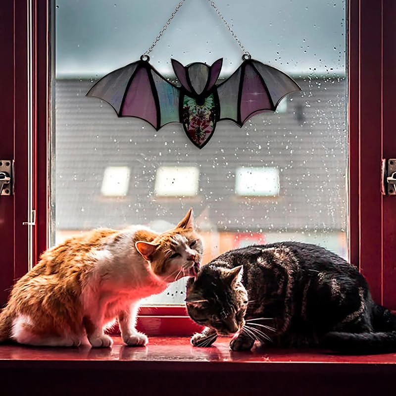 HAOSUM Buntglas-Fledermaus Fensterbehang, Halloween-Deko, Sonnenfänger, Handgefertigt (9,9 X 8,9 Cm)