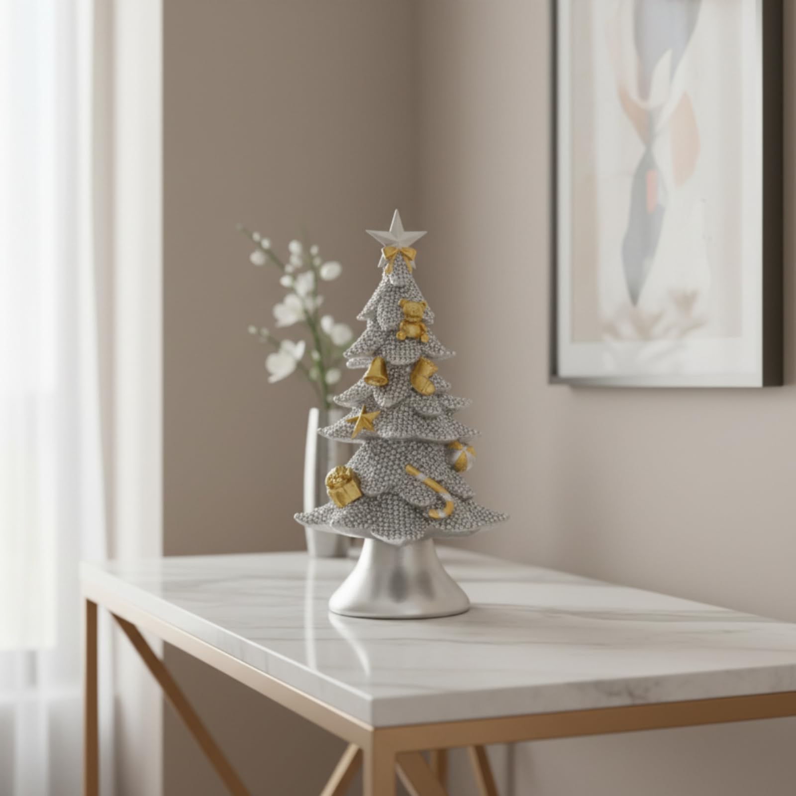 Sapin Noël en Résine Stable Sapin Miniature avec Étoile Charmant Mini Décoration Noël pour Bureau, Doré, Doré