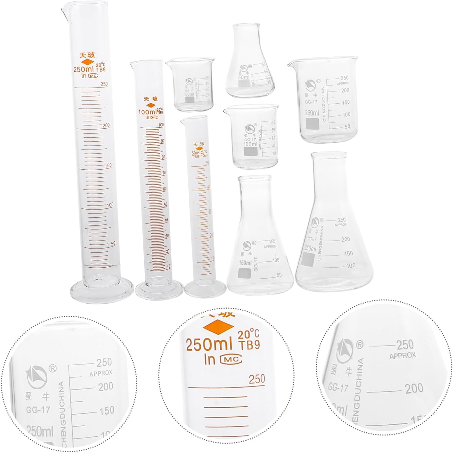 9pcs Glass Laboratory Supplies Measuring Cylinder Beaker Conical Flask for Experiments Scale for Accurate Measurements Chemistry Class