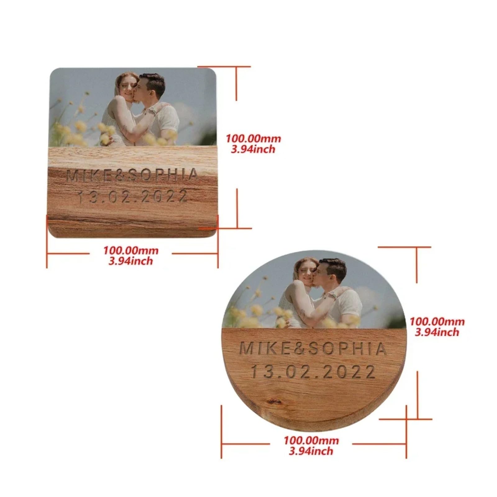 Posavasos personalizados, posavasos de madera de mármol grabados personalizados, posavasos cuadrados para hombres, regalos de fotos personalizados para parejas, regalo de San Valentín (8 piezas)