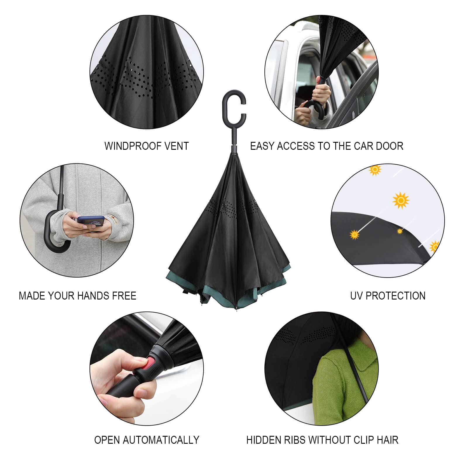personalizados PARAGUAS grande invertido,Gran Paraguas Plegable con Apertura Automática, a Prueba de Viento, Parasol Anti-UV, construcción de doble capa, mango en forma de C, para mujeres y hombres