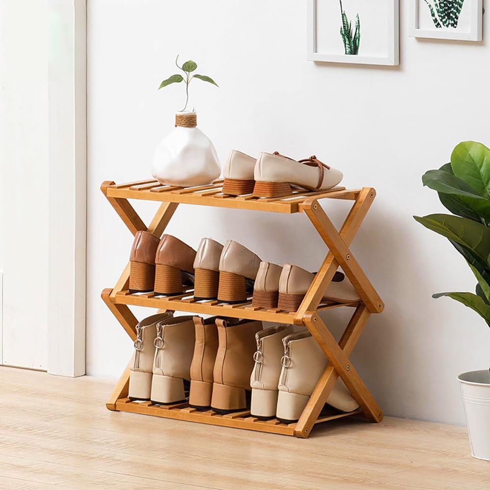 HGLuKGO Bamboo Shoe Rack,Portable Folding Shoe Storage Rack,Without Installation Shoe Organizer for Corridors, Bedrooms and Other Spaces (3 Tier)