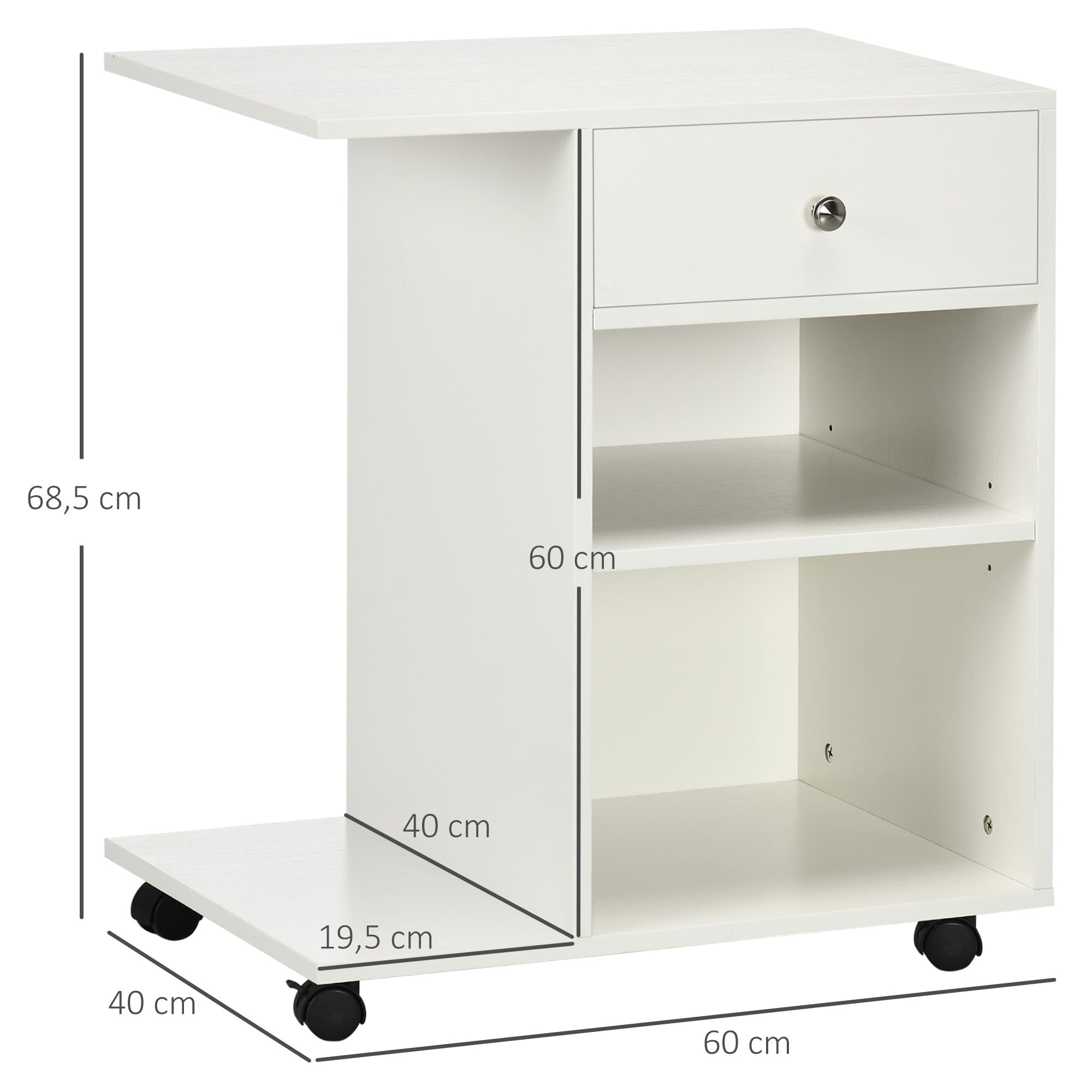 Vinsetto Armario para Impresora de Oficina Carro Multifuncional con Ruedas y Cajón 2 Compartimentos Estante Ajustable Soporte para CPU para Estudio 60x40x68,5 cm Blanco Veteado Madera
