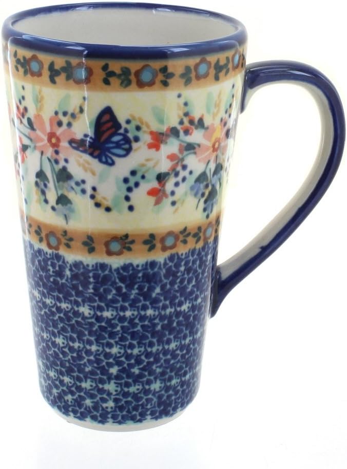 Blue Rose Polish Pottery - Yellow Blue Butterfly Large Coffee Mug - 14 oz - Oversized Mug for Coffee Lovers