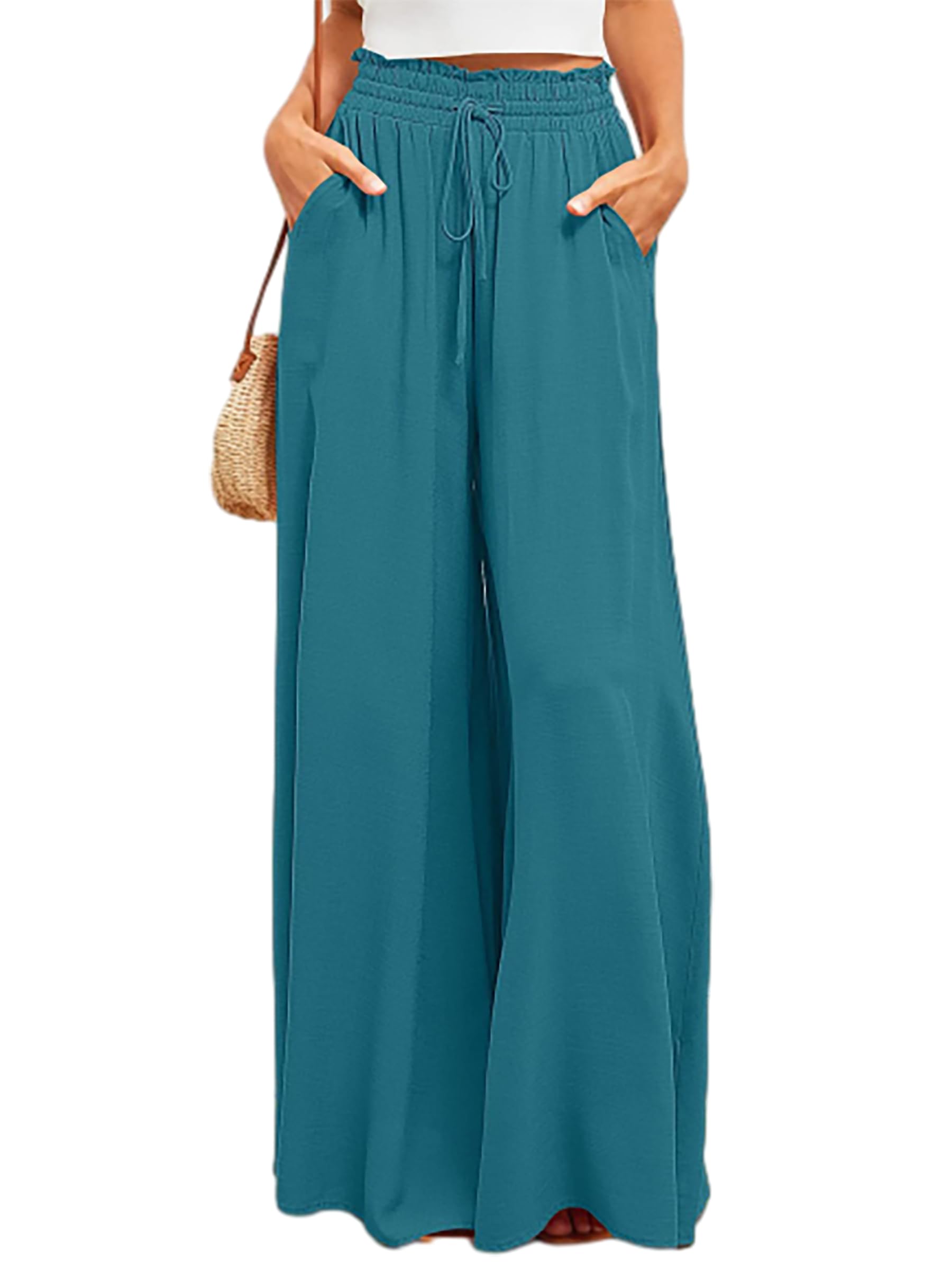 Wide Leg Pants Woman High Waisted Casual Palazzo Loose Trousers with Pockets Beach Vacation Comfy Lounge Pant