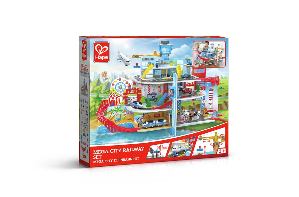 Hape Mega City Eisenbahn Set mit fünf Stockwerken und jeder Menge Zubehör
