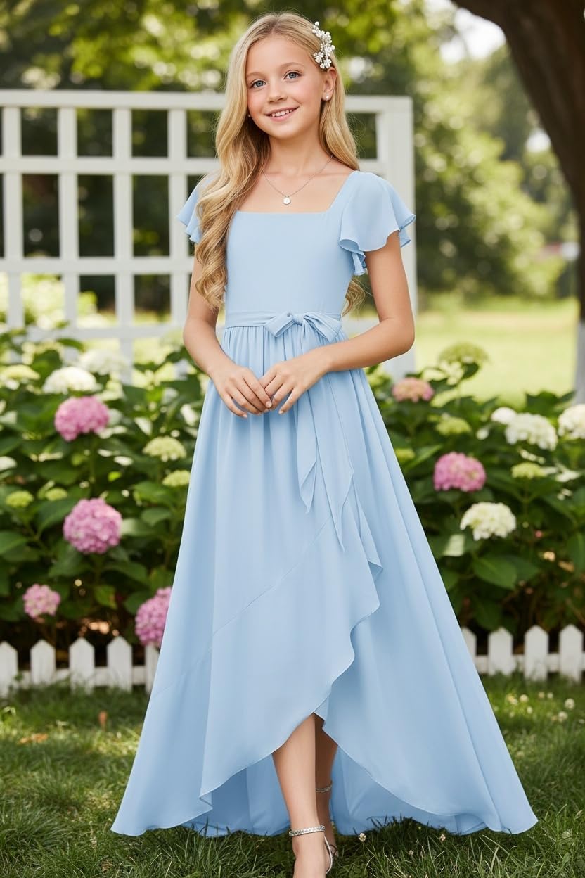Short Sleeves Junior Bridesmaid Dress for Teen Girls Chiffon Flower Girl Dress for Wedding Party Pageant Gown