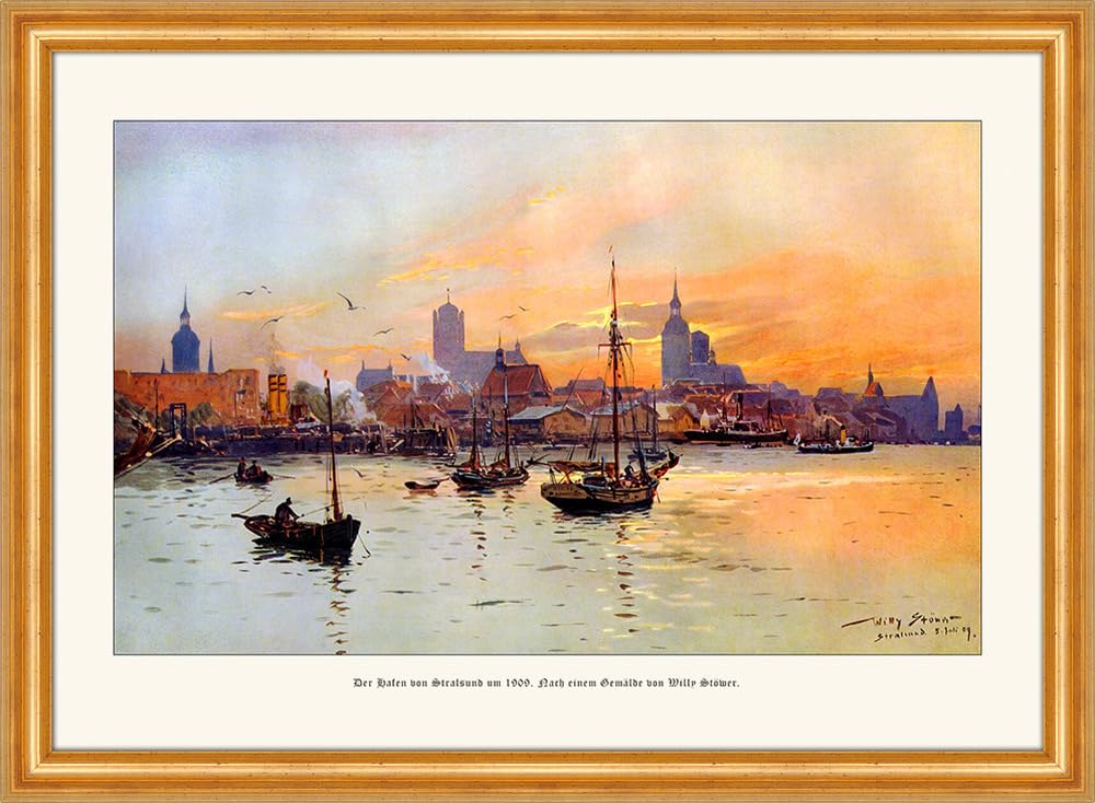 Biller Antik German Empire Stralsund Harbour Twilight Imperial Time Stöwer A3 18 Framed