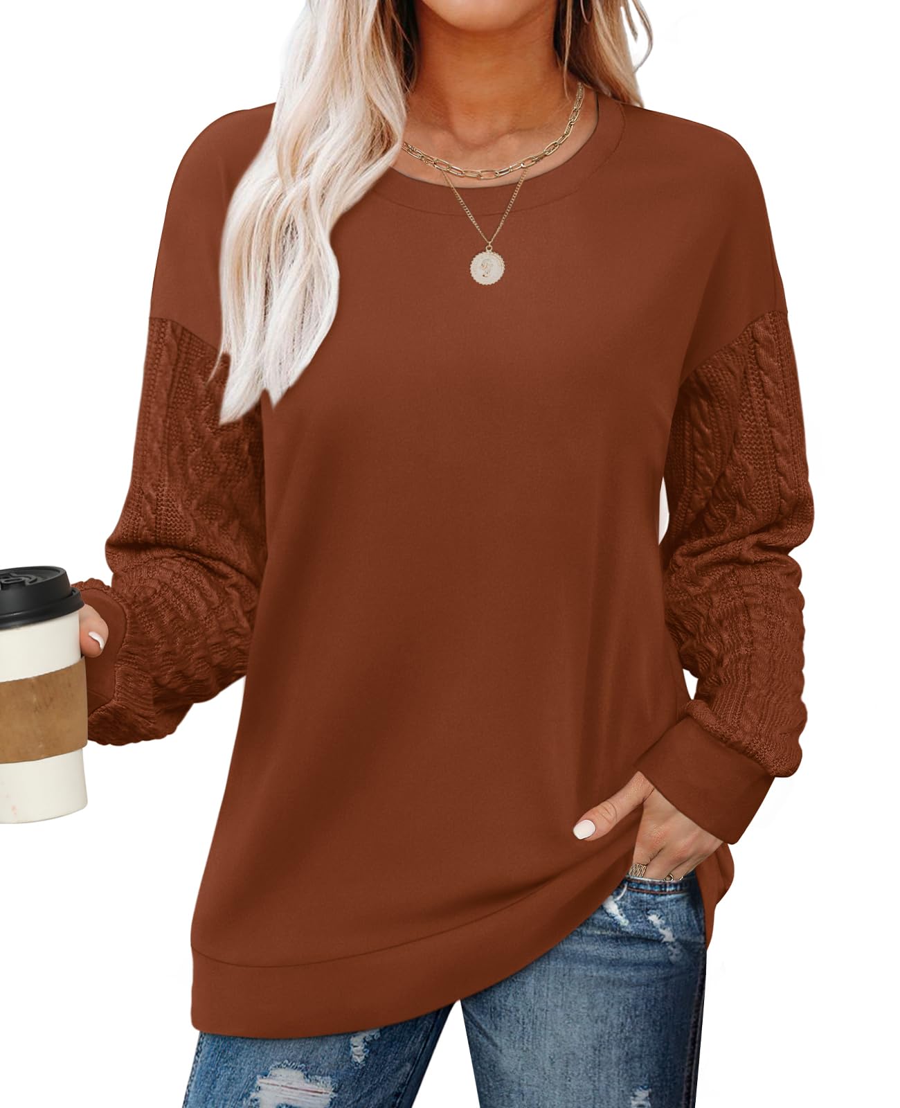 OFEEFAN Crewneck Sweatshirts for Women Cable Knit Sleeve Lightweight Fall and Winter Tops 2024