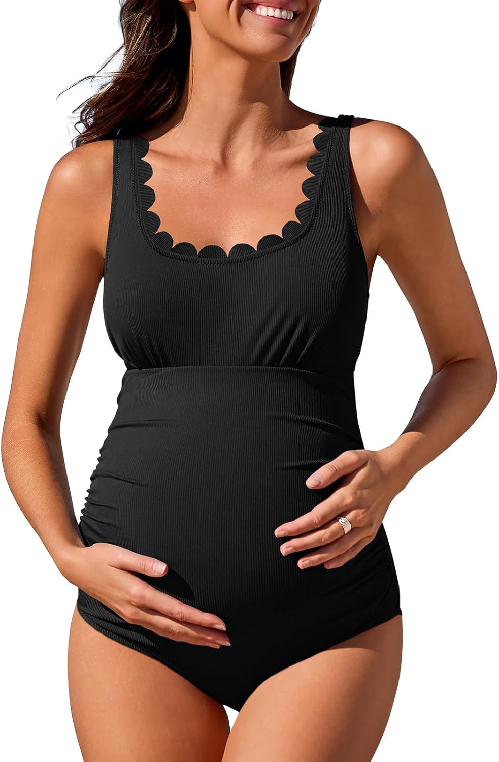 Summer Mae Ribbed Maternity One Piece Swimsuit Scalloped Cut Out Pregnancy Bathing Suit Square Neck