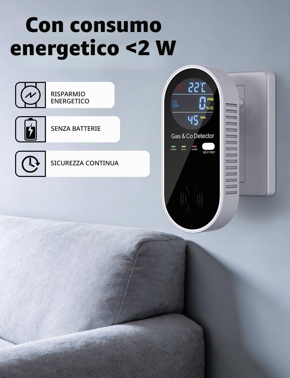 Rilevatore Monossido di Carbonio & Rilevatore Gas 4-in-1, Plug-and-Play senza danneggiare il muro, con allarme acustico e visivo – Per soggiorno, cucina, garage, fabbrica e cantiere – 4-in-1 – YEREADW