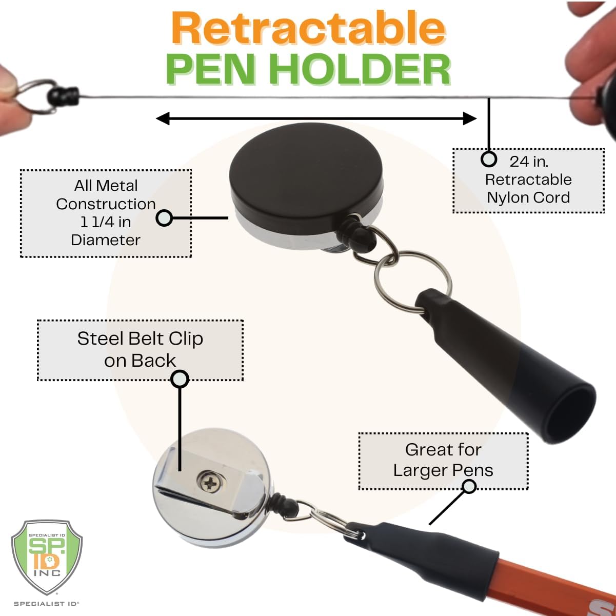 5 Pack - Heavy Duty Retractable Pull Pen Holder - Ideal for Markers & Carpenter Pencils - Nylon Cable, Self Retracting Reel & Tight Metal Belt Clip Retractable Carpenter Pencil Holder by Reel-N-Rite