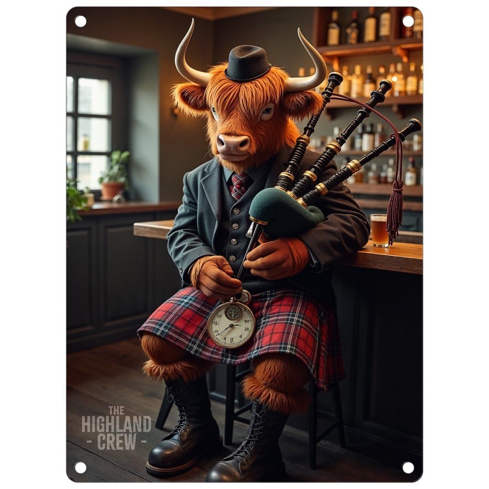 The Original Metal Sign Bull With Bagpipes Small (150 X 200Mm) Metal Sign - The Highland Crew (Bull With Bagpipes)