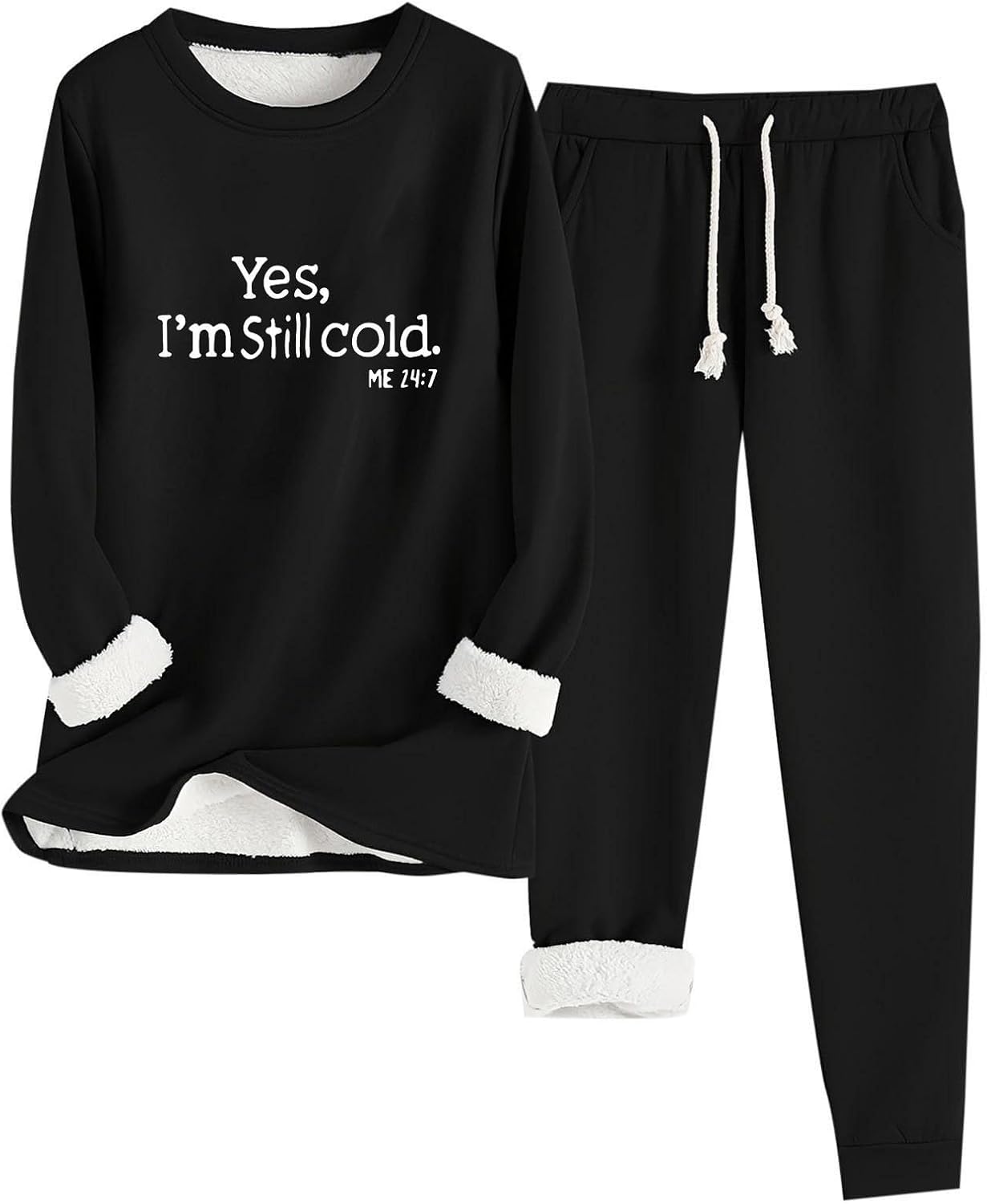 Yes,Im Still Cold Women's 2 Piece Outfits Set Fleece Lined Lounge Sweatsuit Pullover Top Sweatpants Casual Tracksuit