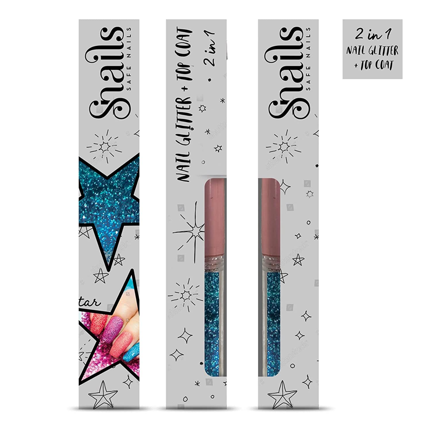 snails safe nails 510216 Çocuk Parlak Oje 2'si 1 Arada, Mavi, Top Coat & Parlak Pudra, Peel-Off Formule, Çıkarılabilir, Su Bazlı, Zararsız, Vegan