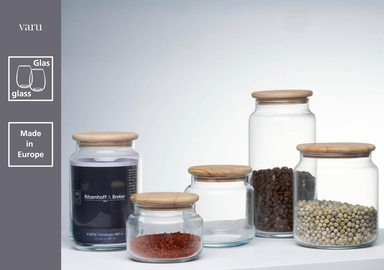 Ritzenhoff & Breker Varu Vorratsgläser 6er Set, 600 ml, Lebensmittelbehälter mit Holzdeckel, Vorratsdosen mit luftdichtem Verschluss, ø 10 x 11 cm, Glas, Klar