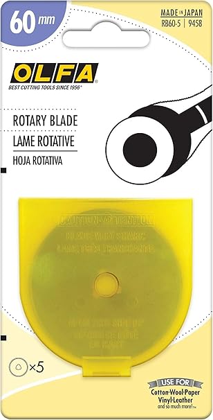 OLFA 60mm Rotary Cutter Replacement Blades, 5 Blades (RB60-5) - Tungsten Steel Circular Rotary Fabric Cutter Blade for Crafts, Sewing, Quilting, Fits Most 60mm Rotary Cutters