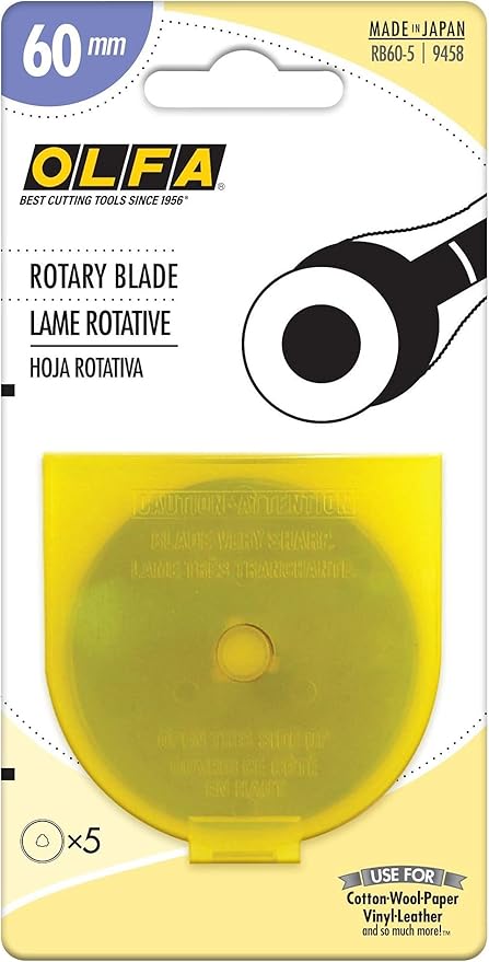 OLFA 60mm Rotary Cutter Replacement Blades, 5 Blades (RB60-5) - Tungsten Steel Circular Rotary Fabric Cutter Blade for Crafts, Sewing, Quilting, Fits Most 60mm Rotary Cutters