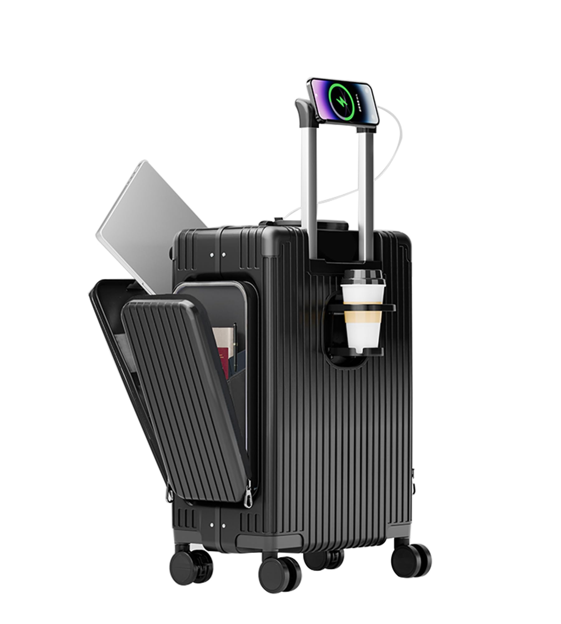 feilario 20in Aluminum Frame PC Carry On Luggage Tri-Zone Access Hard Shell Brake Wheels Suitcase with Cup Holder