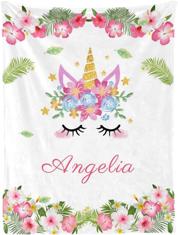 Unicorn Blanket Custom Blanket with Name Personalized Baby Blanket for Girl Custom Unicorn Flower Blanket (Unicorn 01, 50" x 60")
