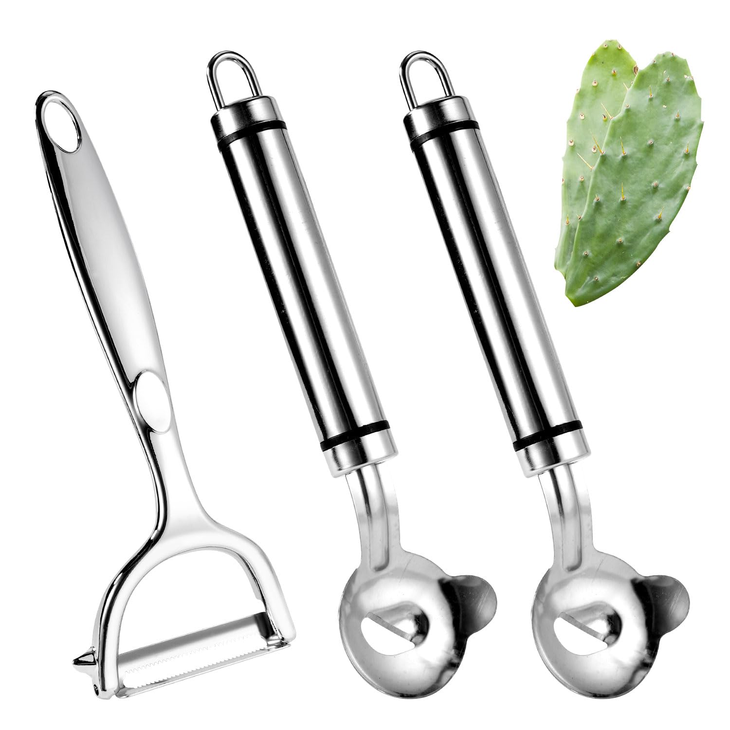 Photo 1 of 3pcs Cactus Peeler Tools, Stainless Steel Cactus Peeling Knife and Peeler Spoon, Long Handle Pelador de Nopales, Sliced Noodle Vegetable Paring Cutter with Hole for Kitchen Cooking Gadgets