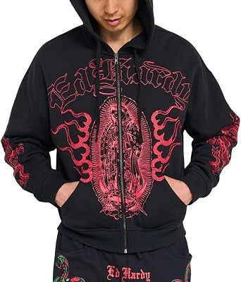 ED HARDY Mens Boxy Zip-Up Fleece Hoodie Sweatshirt