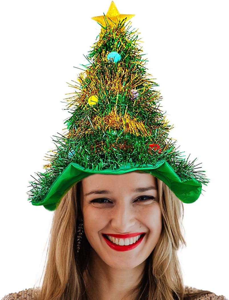 Christmas Tree Hats Xmas Hat Santa Hats Glitter Tinsel Hat Holiday Party Hair Accessories for Adults and Kids