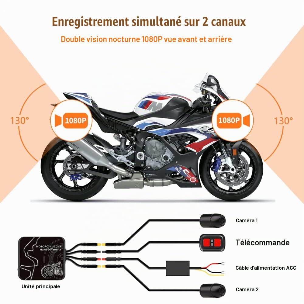 VSYSTO Dashcam Moto, Grand Angle de 130° Caméra de Moto Avant et Arriere 1080P, Camera Velo étanche, WiFi Dash Cam Moto avec Vision Nocturne Starlight, Capteur G, WDR, Enregistrement en Boucle