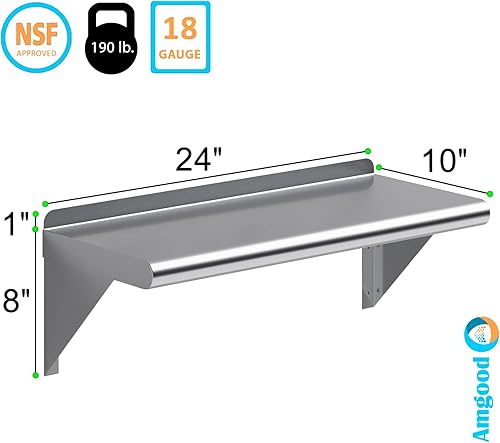 Miniatura 3 de AmGood Estante de pared de acero inoxidable de 10 x 24 pulgadas | Estantería de metal | Garaje, lavandería, almacenamiento, cuarto de servicio |