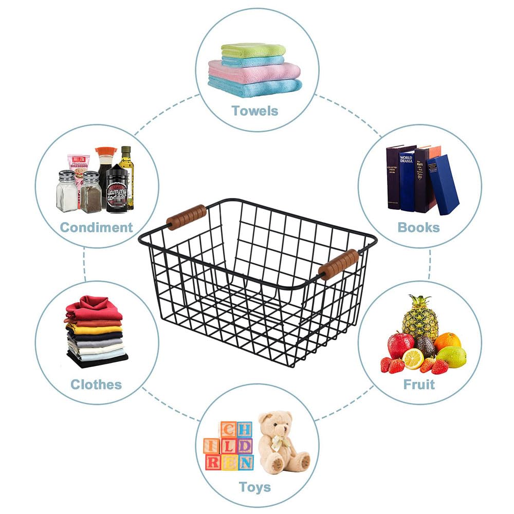 JUNCHU CHERRY Wire Kitchen Storage Basket 4 Packs,Perfect Pantry Organization Accessories Baskets,Laundry Basket,With a Wooden handle,Suitable for Kitchen,Bathroom,Bedroom,Tabletop,Stackable,Black