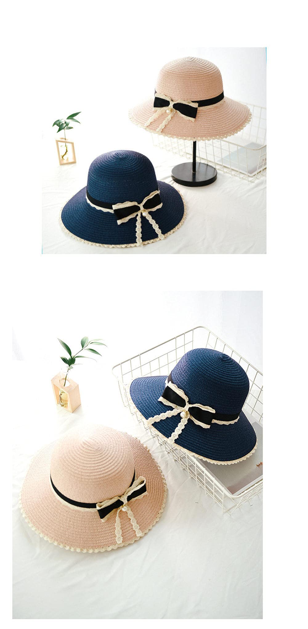 Cappello da Sole in Paglia da Donna Cappello di Paglia Floscio Pieghevole Cappello da Spiaggia Estivo a Tesa Larga con Cappellini da Sole con Fiocco per Vacanze da Viaggio all'Aperto UPF 50