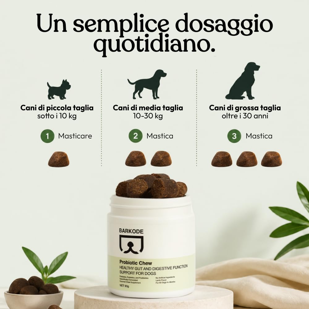 BARKODE Probiotico per Cani – Integratore Digestivo con Probiotici, Prebiotici e Postbiotici, Supporta Microbioma Intestinale e Digestione, Gusto, Senza Coloranti Artificiali, Prodotto in UE