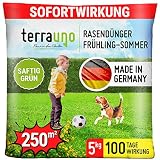 TerraUno - Rasendünger Frühjahr/Sommer I Langzeitdünger Rasen für 100 Tage I 5 kg für 250 m² I Optimale Nährstoffe zum Vorbeugen von Trockenstress I NPK Dünger Rasen I Streuwagen geeignet
