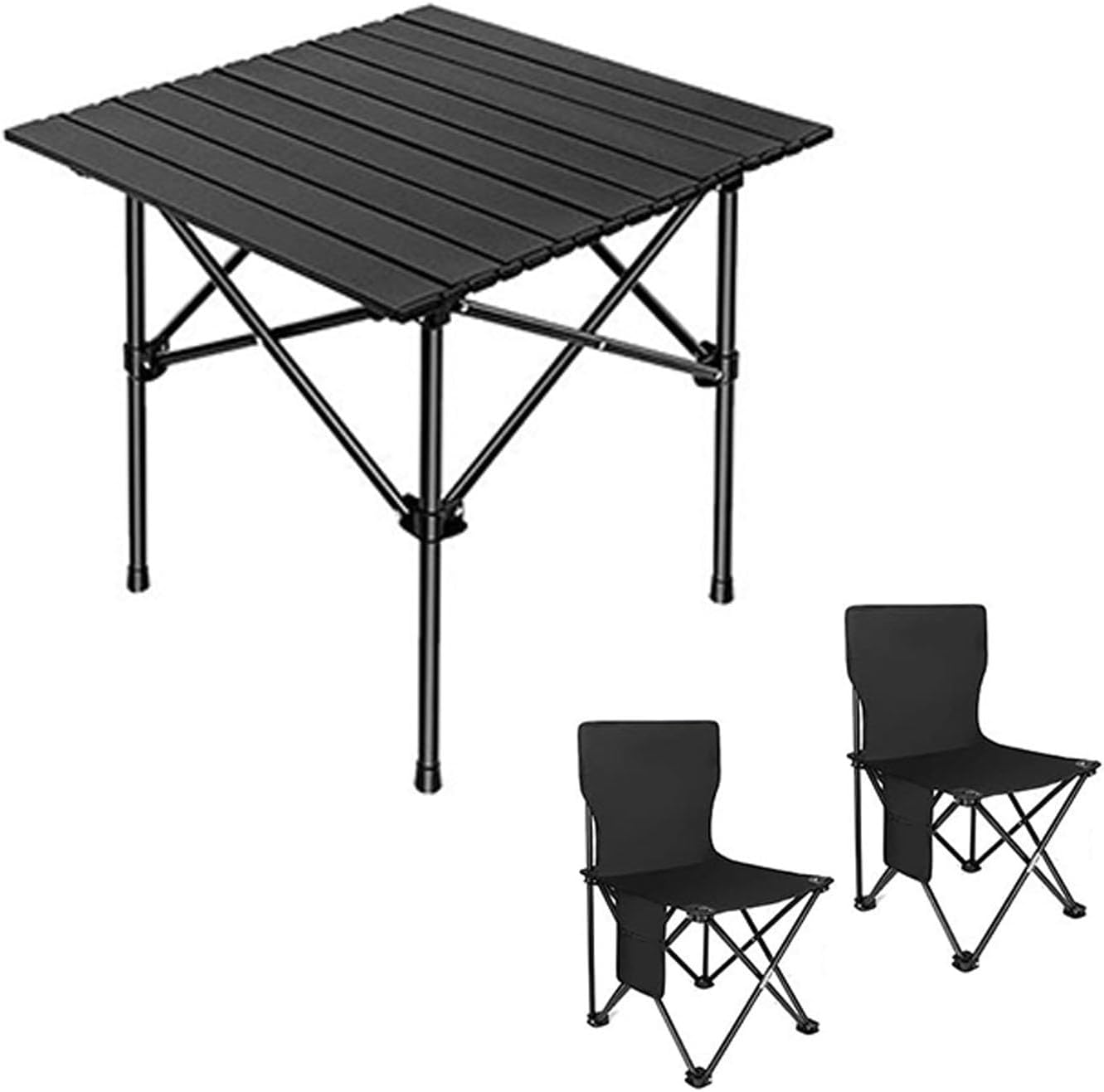 Camping Portable Folding Table & Chairs，Folding Picnic Table and Bench Set，Bag with Storage, Suitable for Beach, Garden, Hiking, Traveling, Fishing, Barbecue.(Black,53CM+2 Chairs)